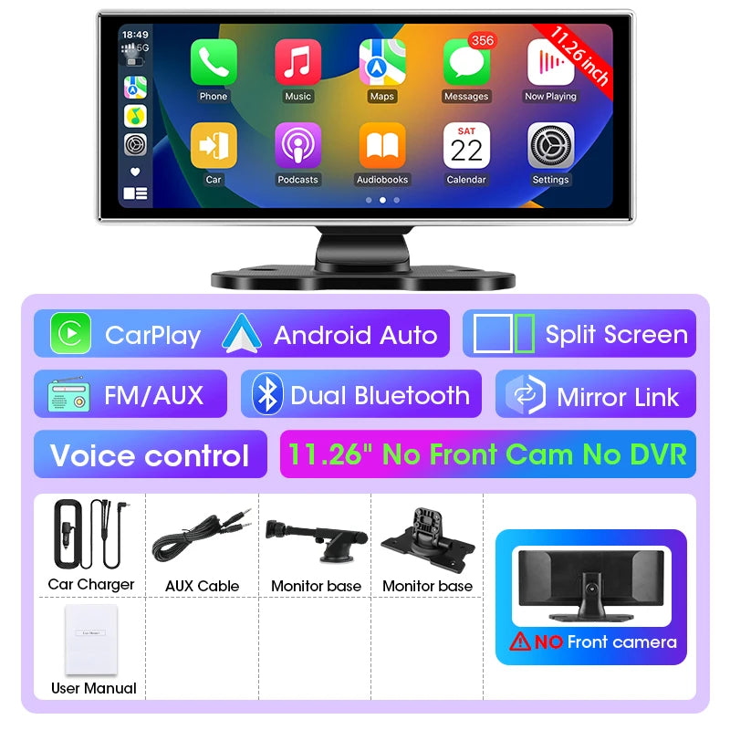 Cámara de salpicadero DVR 4K para coche, 11,26 pulgadas, doble lente, inalámbrica, Carplay y Android, grabadora de vídeo automática, monitor de navegación GPS, Wifi 5G, FM, AUX