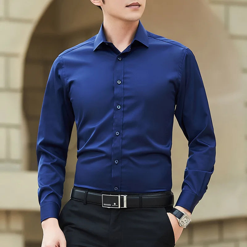 Men's Long-Sleeve Business Shirt, Plus Size, Solid Color, Classic Fashion, Basic, Casual, Slim, White, Brand Apparel, New Collection