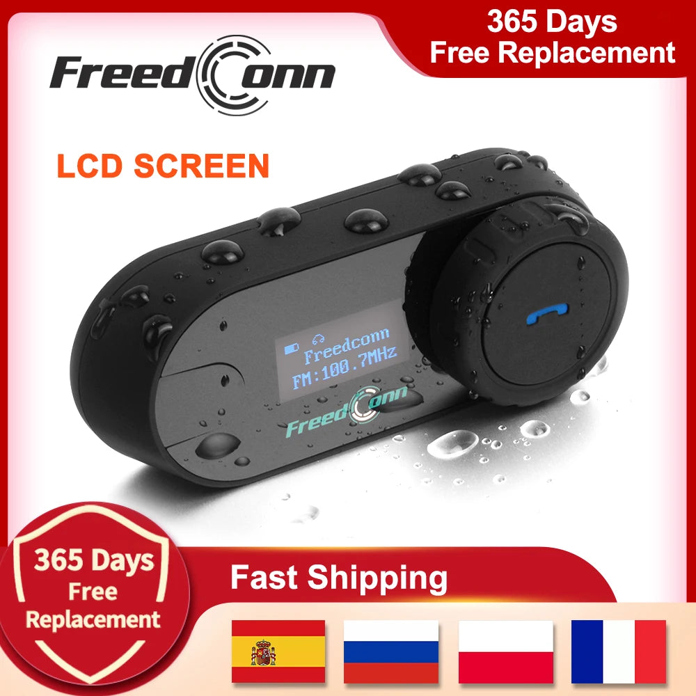 FreedConn Bluetooth Motorcycle Intercom Headset Wireless Motorbike Interphone LCD Screen FM Earphone
