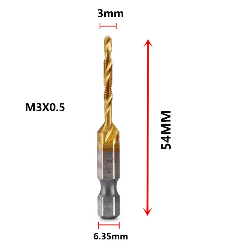 Forets tarauds plaqués titane tige hexagonale HSS — M3, M5, M6, M8, M10, outils à main