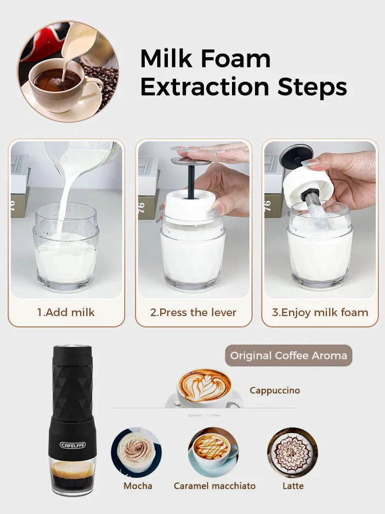 Cafelffe 3 en 1 Máquina de café portátil de agua caliente/fría, cafetera manual de espresso para cápsulas y café molido, cafetera de prensa manual para senderismo y viajes