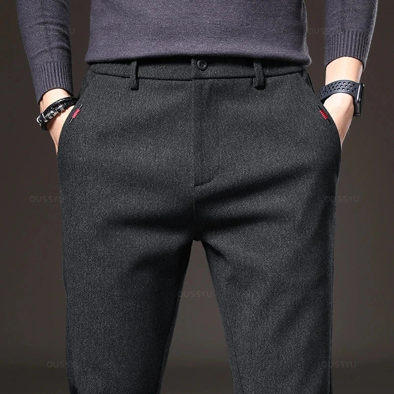 Pantalon décontracté pour homme, coupe slim, taille élastique, extensible, en coton épais, gris et noir, style business, nouvelle collection printemps