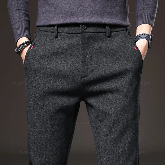 Pantalon décontracté pour homme, coupe slim, taille élastique, extensible, en coton épais, gris et noir, style business, nouvelle collection printemps