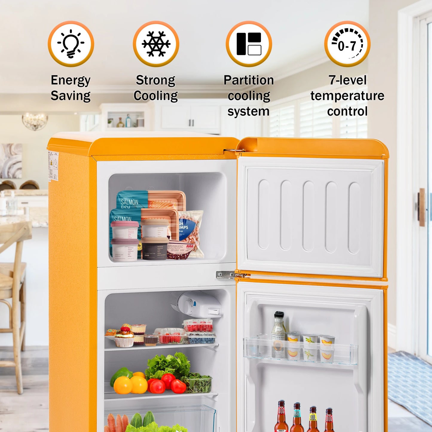 Combinaison réfrigérateur-congélateur rétro 45,5 cm de large, 2 portes 60 litres de volume total, volume de congélateur 22 litres. 102 KWh/année,