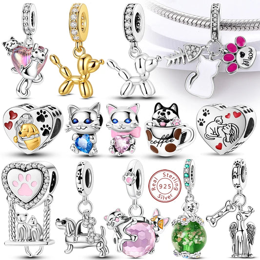 Charms 925 Sterling Silver Dog Cat Paw Print Love Animals Charm Beads Fit Original Bracelets Necklaces Pendant Women DIY Jewelry