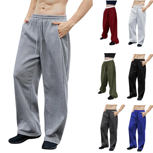 Men's Solid Color Sanitary Pants, Straight Waist with Drawstring, Wide Leg, Loose Fit with Pockets, Versatile Sport Pants, 2025