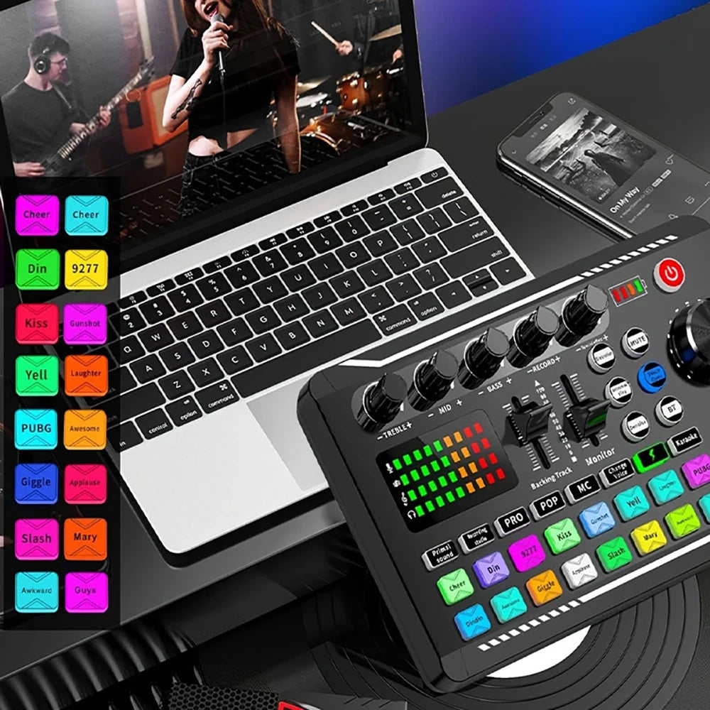 F998 — Kit Studio Podcast Complet Carte Son, Microphone & Mélangeur
