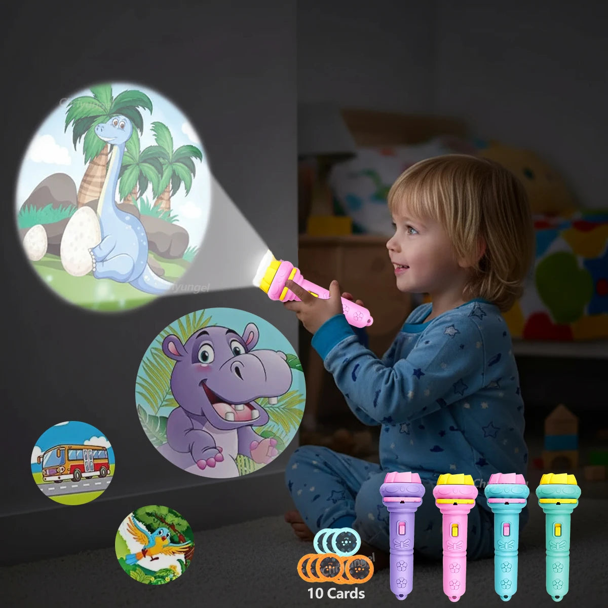 Lampe de Poche Projecteur Enfants — 10 Cartes, 80 Modèles, Jouet Coucher Dessin Animé, Cadeau