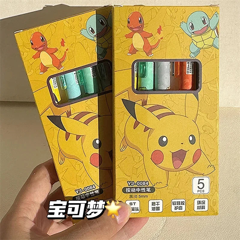Plumas de Gel de presión de Pokemon Pikachu Squirtle Charmander, 5 piezas, juego de bolígrafos de Gel de dibujos animados, útiles escolares y de oficina, regalos para niños