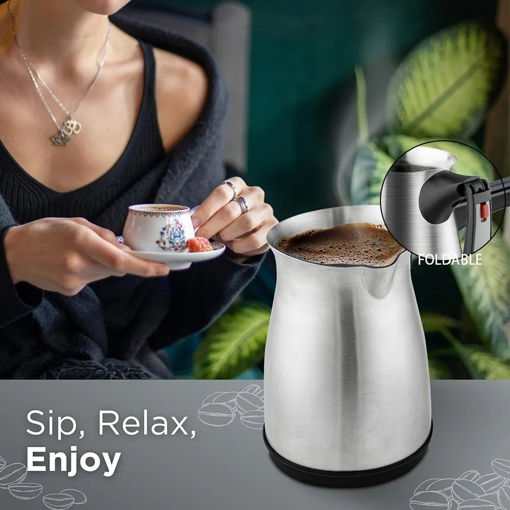 Cafetera turca portátil de 600W, cafetera italiana, árabe, griega, moka, asa plegable, fácil para el hogar y los viajes
