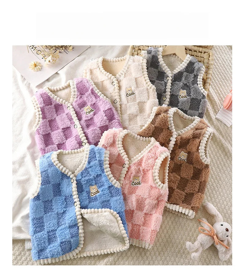Chaqueta polar para niños, chaleco cálido de doble capa con estampado a cuadros, para niños y niñas, ropa de abrigo sin mangas para otoño e invierno