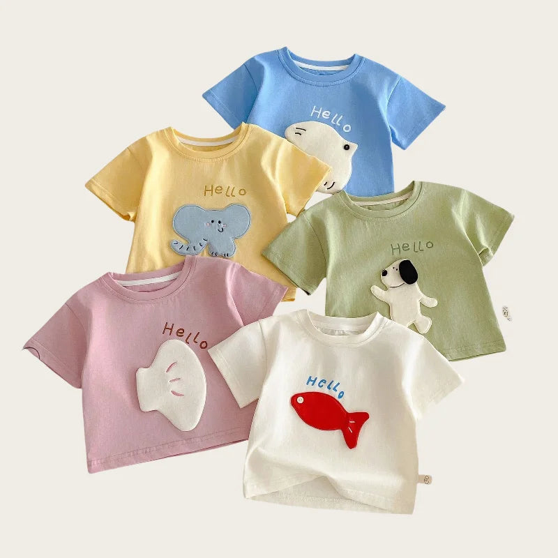 Nouvelle collection été 2026 : T-shirt décontracté à manches courtes pour enfants (0-5 ans) avec patchs de dessins animés mignons et imprimé lettres – Doux et confortable pour filles et garçons