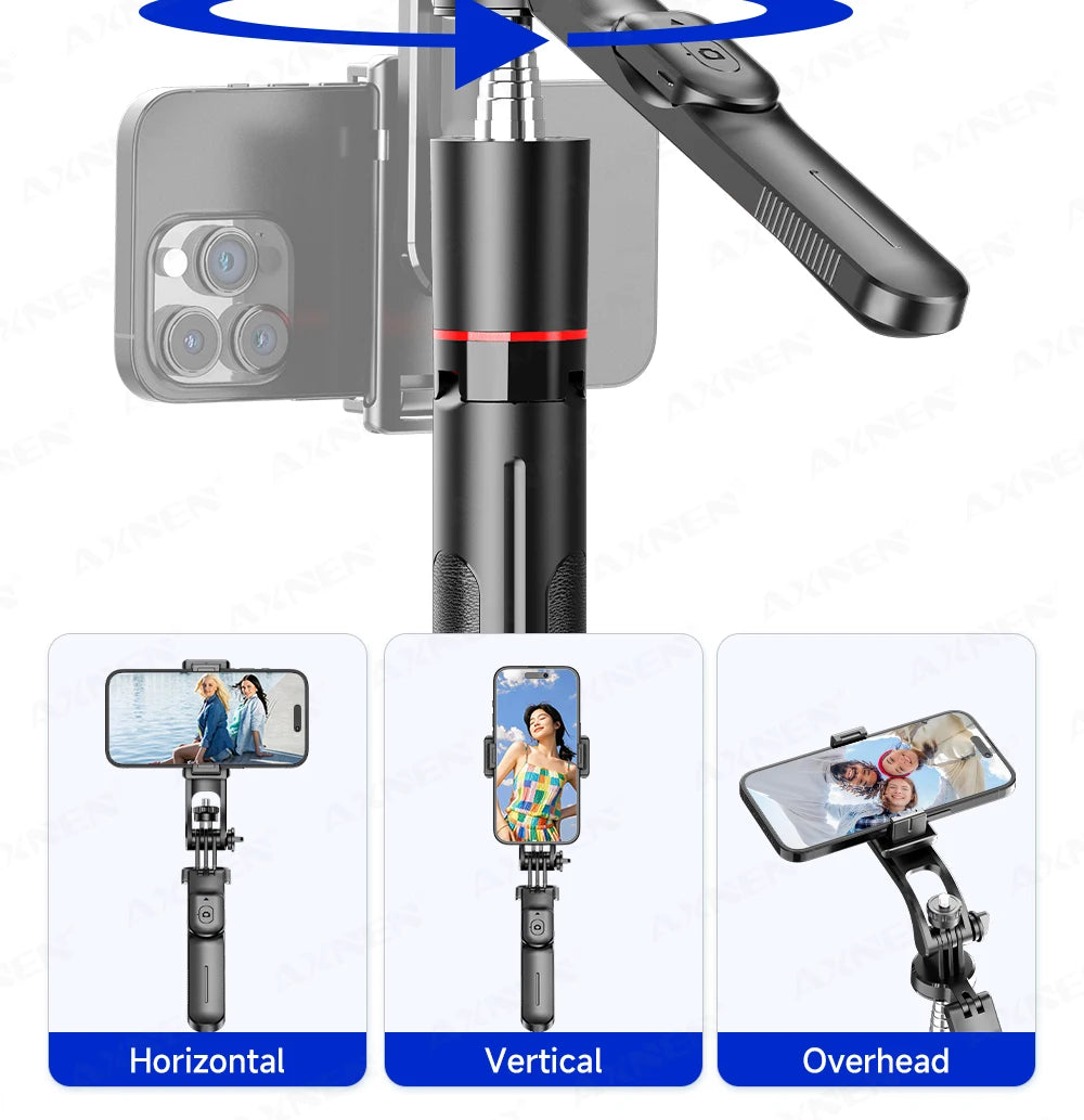 Perche à selfie trépied 1708mm avec télécommande Bluetooth — rotation 360°, interface 1/4", lumière optionnelle