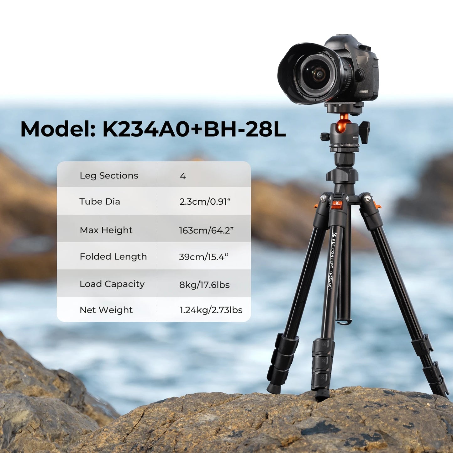 K&F Concept K234A0+BH-28L — Trépied Photo 64 Pouces Léger Rotule Charge 8kg
