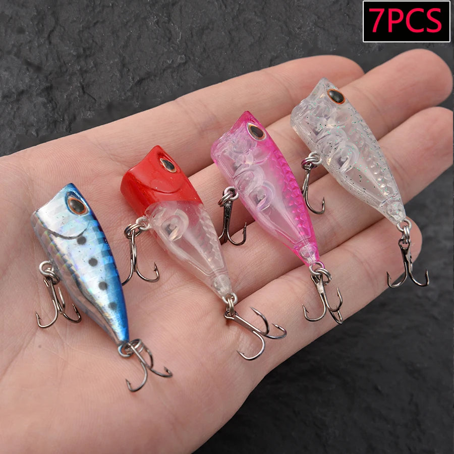 Ensemble de 7 leurres de pêche Mini Popper Crankbaits, yeux 3D, appâts durs, kit de leurres artificiels, wobblers pour la pêche à la traîne, brochet, surface de l'eau, swimbaits