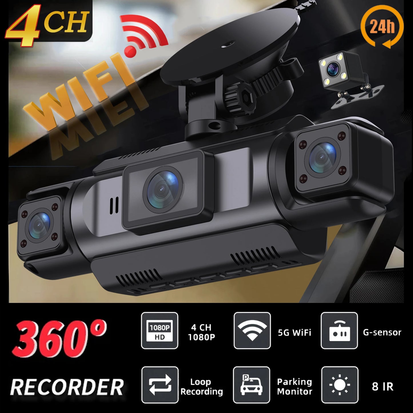 Dashcam WiFi 4 Canaux FHD 1080P — Boîte Noire Vision Nocturne Kit Câbles Rigides