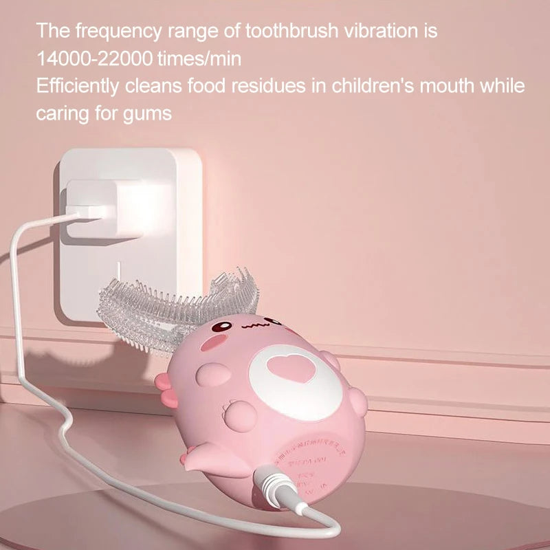 Cepillo de dientes eléctrico infantil en forma de U, rotación de 360 grados, dibujos animados inteligentes, cepillo de dientes de silicona, automático, recargable, sónico