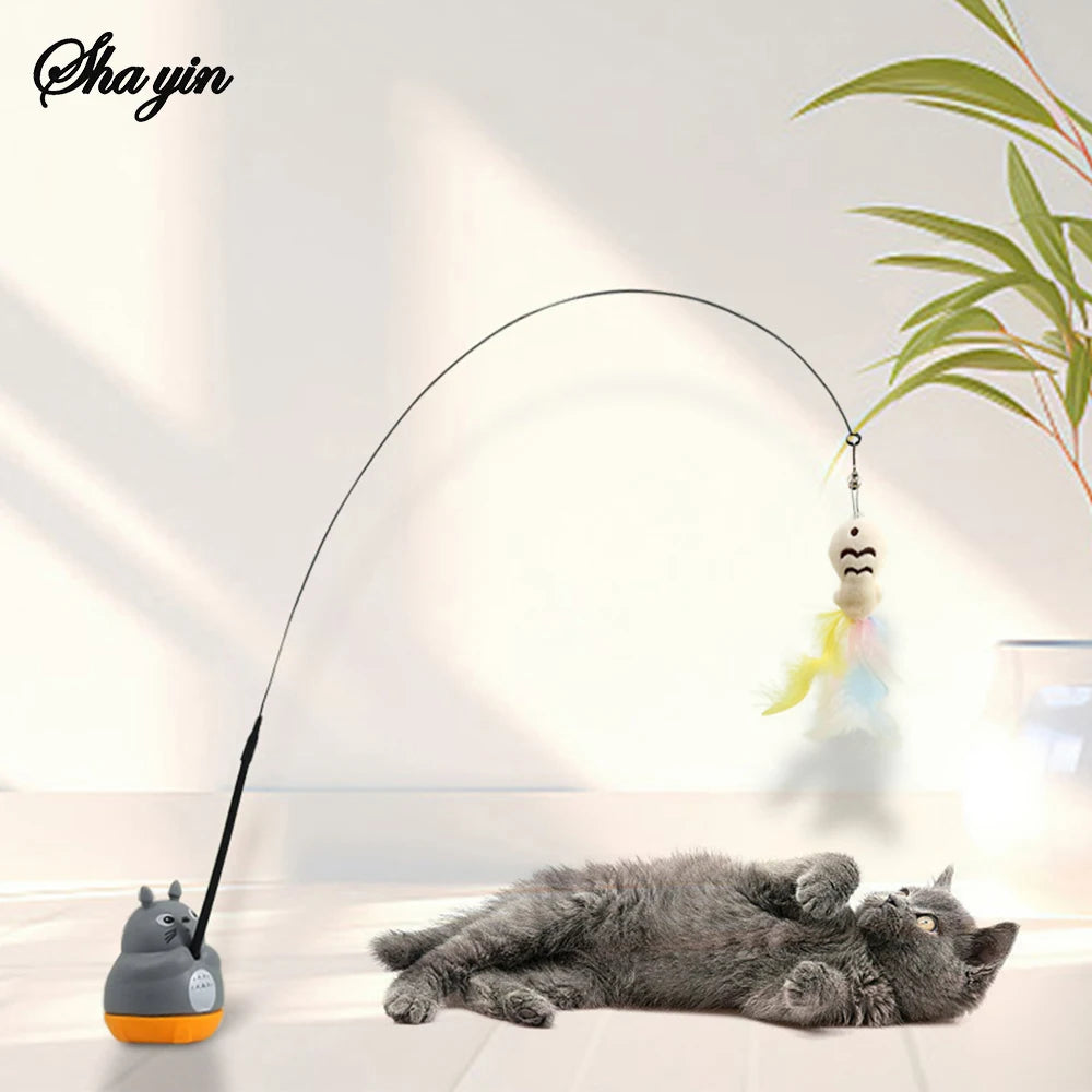 Bâton de pêche et de taquin pour petits chats, rotation à 360 degrés avec cloches à plumes et fil d'acier, 1 pièce