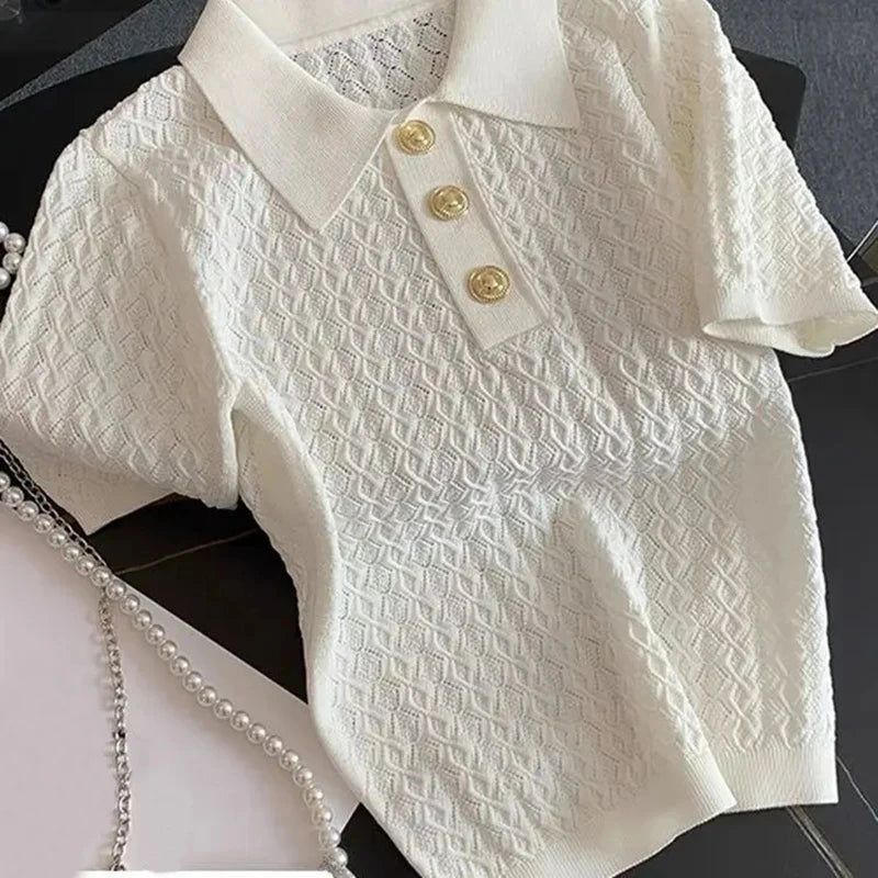 Polo en soie glacée tricoté à manches courtes, T-shirt d'été chic et fin, hauts jacquard uniques pour femmes, style coréen 2026, vêtements pour femmes
