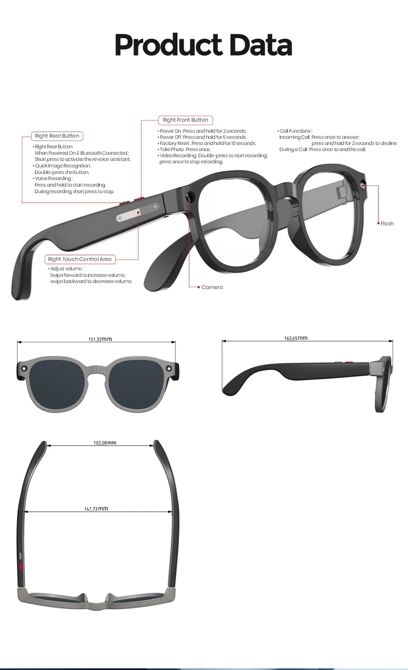 Lunettes intelligentes IA 2026 — traduction IA, caméra HD 8MP, vidéo 4K, appel Bluetooth, enregistrement, musique