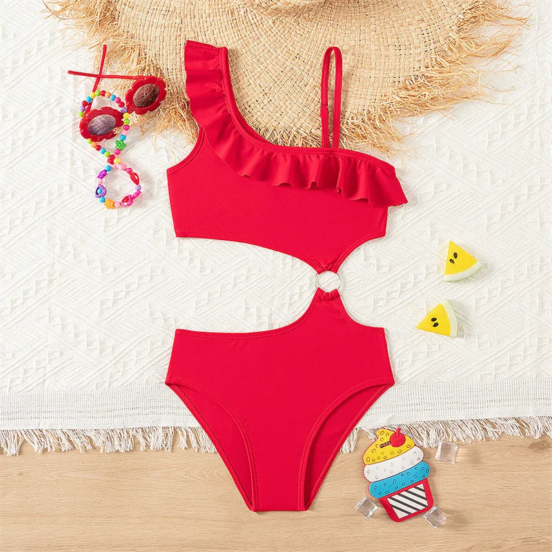 Bikini filles enfants maillots de bain une épaule volants maillots de bain couleur unie dos nu maillot de bain