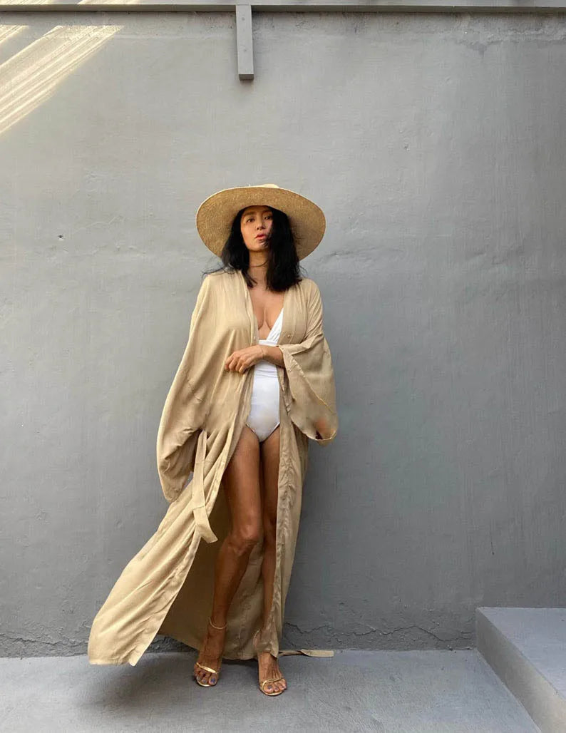 Robe de Plage Longue avec Ceinture pour Femme, Kimono Sexy, Cardigan d'Été, 5 Couleurs Unies