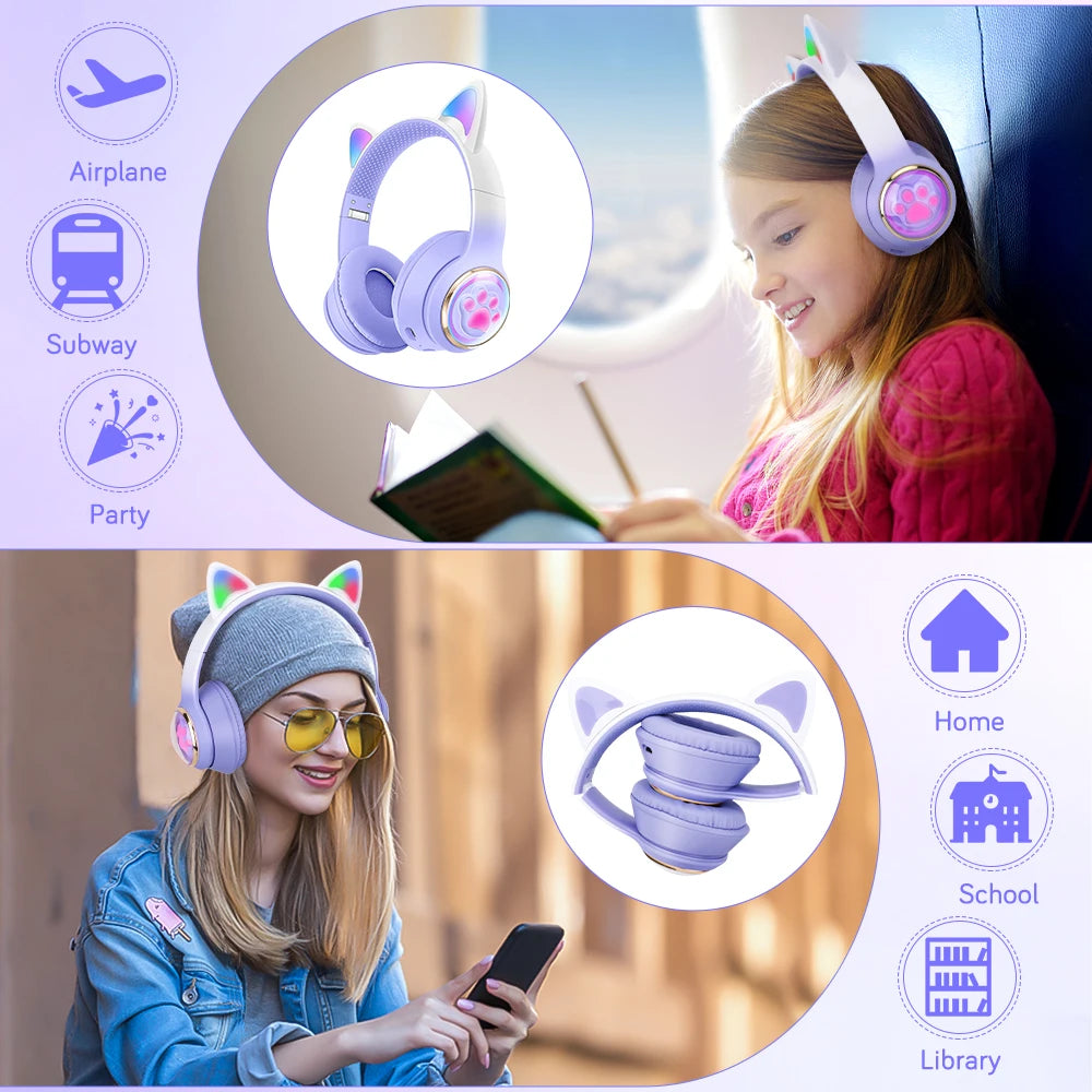 Auriculares inalámbricos RGB con orejas de gato para PC, lindos, cápsula espacial 3D, auriculares Bluetooth, auriculares plegables para juegos, regalos para niñas