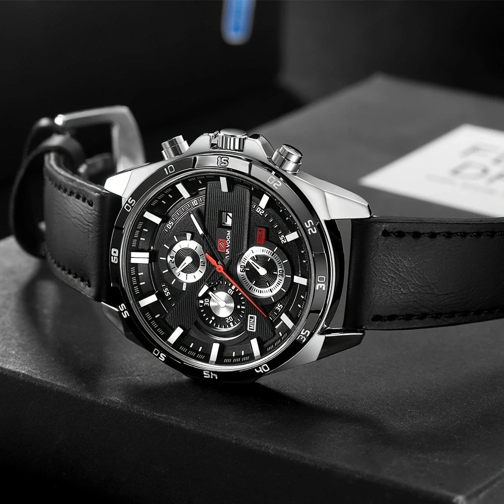 Montres de sport pour hommes, série de course de mode, 46mm, horloge en cuir noir VA VA VOOM, mouvement à Quartz 3Bar, montre-bracelet étanche pour hommes