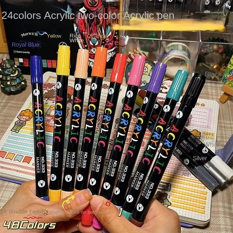 Rotuladores de pintura acrílica profesionales de 48 colores, punta doble fina y pincel, adecuados para piedra, madera, caligrafía
