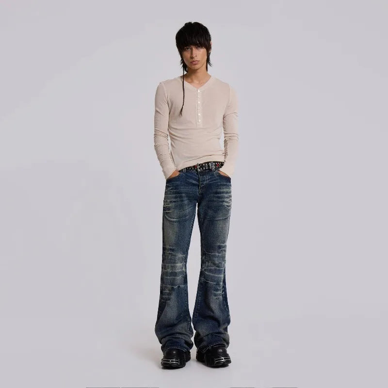 Y2K Mi azul, jeans acampanados, estilo vintage, lavados, para hombres y mujeres, tipo bootcut, gótico, de cintura alta, unisex, ropa de calle retro, pantalones anchos holgados