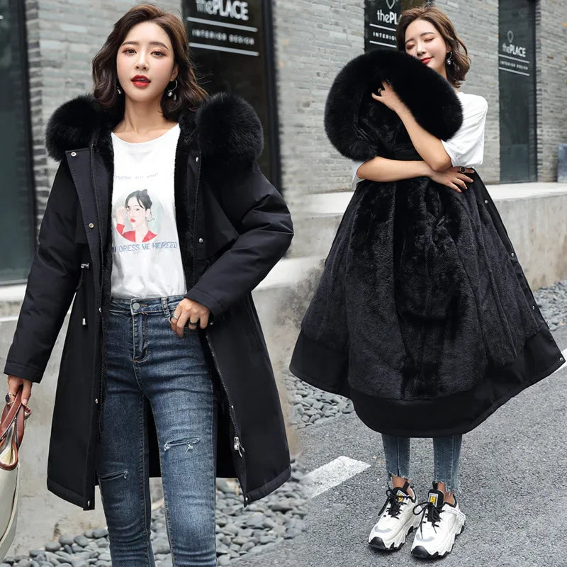 Parka d'hiver 2024 nouvelles femmes veste vêtements manteau Long doublure en laine à capuche col de fourrure épais chaud vêtements de neige mode Parka