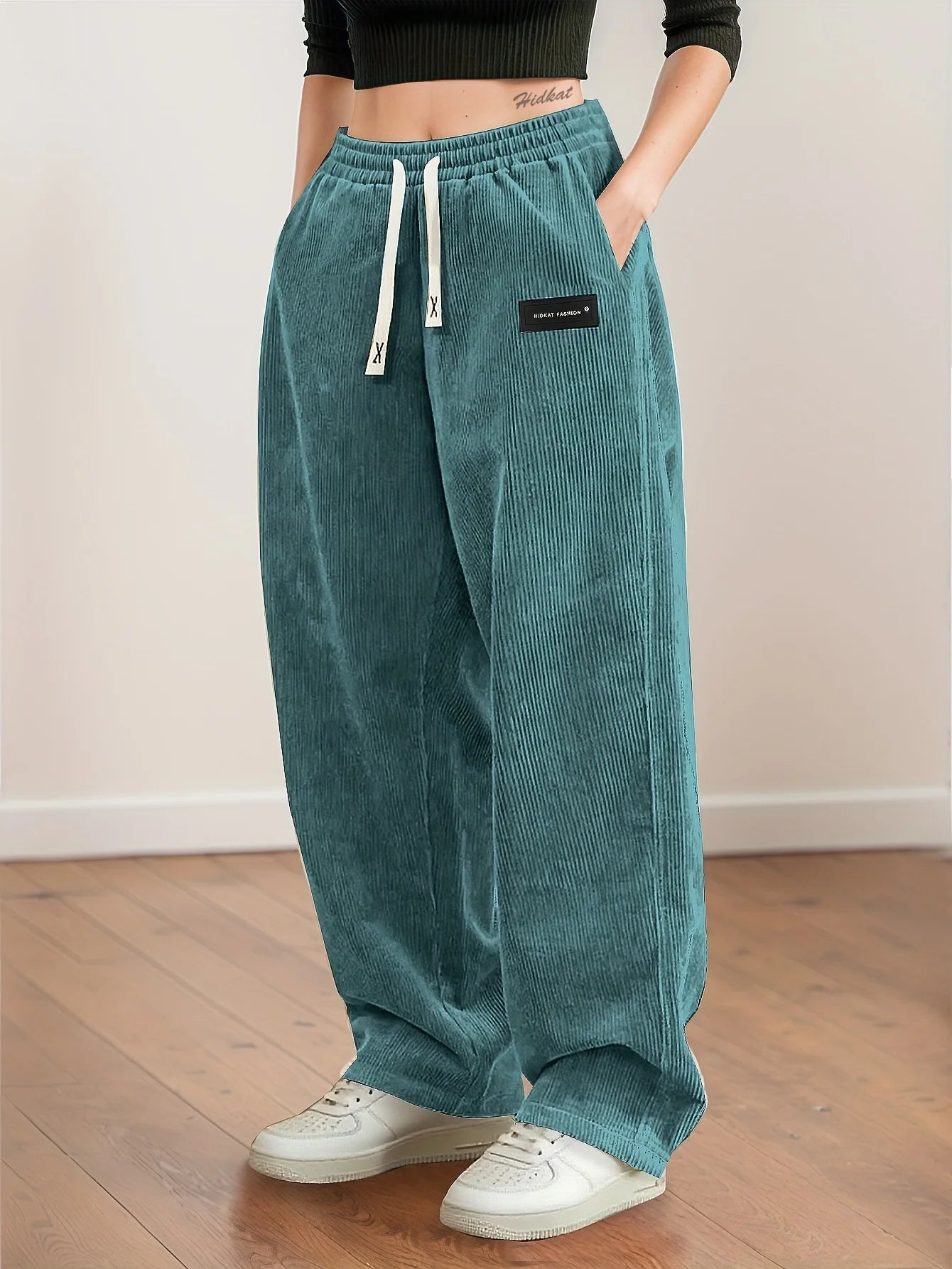 Women's Corduroy Pants, Straight Leg Drawstring Waist Trousers with White Piping, Casual All Seasons to Semi-Formal
