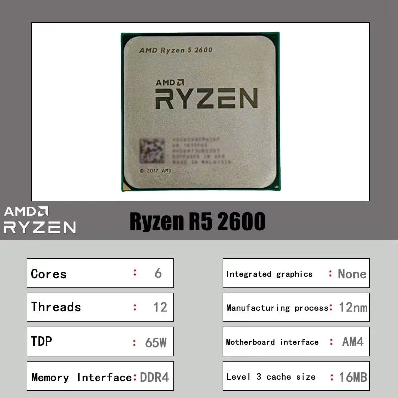 Processeur AMD Ryzen 5 2600 — 6 cœurs 12 threads, 3,4 GHz, Socket AM4