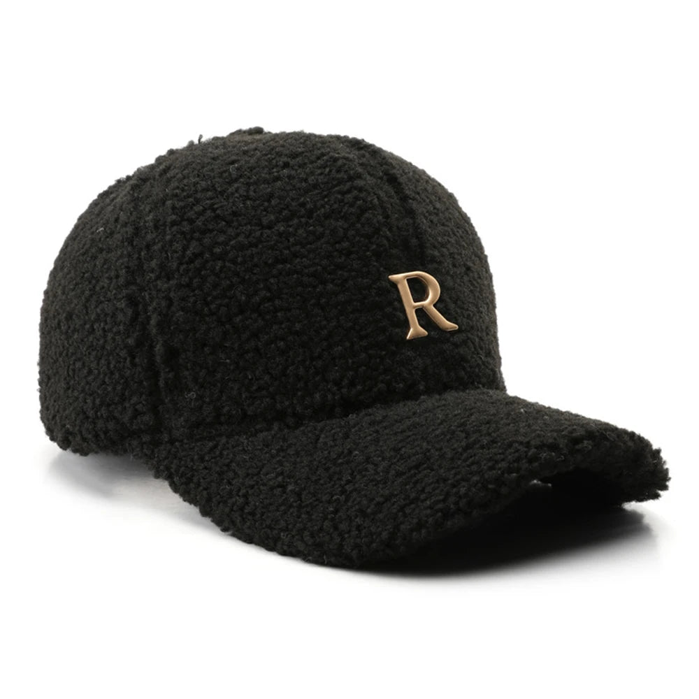 Casquette de baseball en laine d'agneau verte — lettres dorées, trucker, hiver, femme et homme
