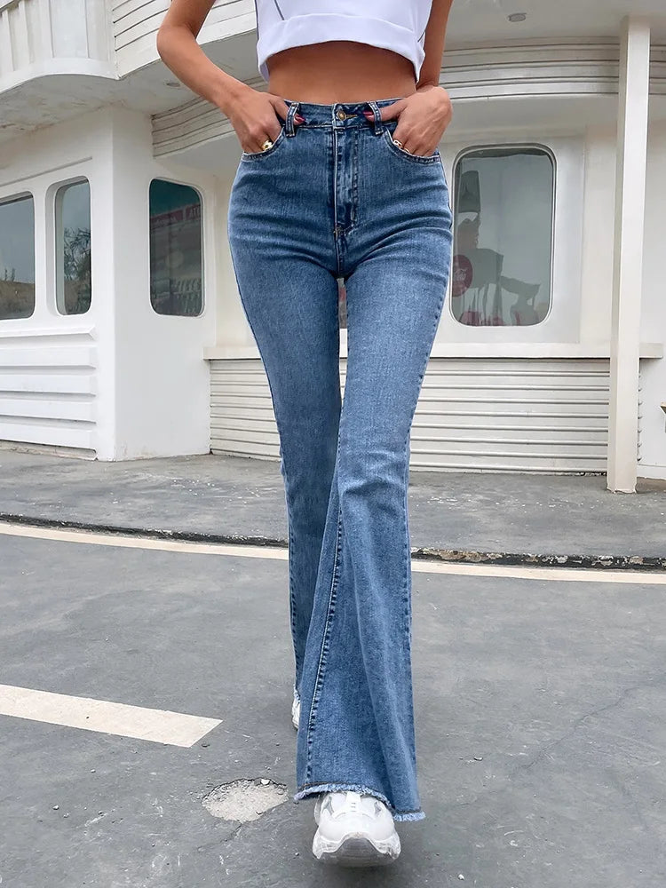Benuynffy-Jeans acampanados con bajo sin rematar para mujer, pantalón de mezclilla, cintura alta, longitud completa, vaqueros ajustados, bragueta con botones, moda de otoño