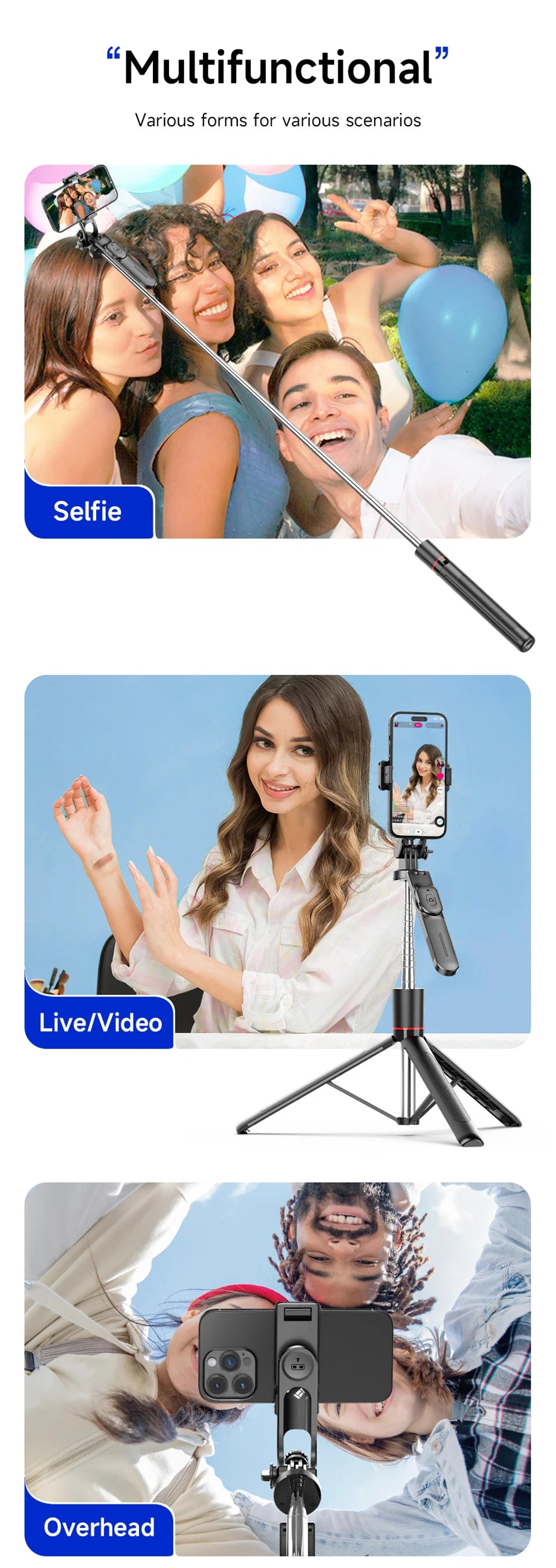 Trépied perche à selfie avec lumière de remplissage — 1708mm, télécommande Bluetooth, rotation 360°, interface 1/4