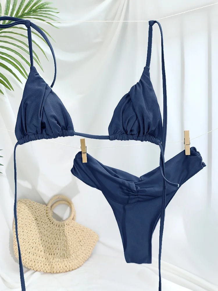 Sexy plis Bikini ensemble solide Micro Bikinis femmes maillot de bain femme Triangle maillots de bain vêtements de plage maillot de bain