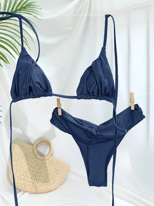 Sexy plis Bikini ensemble solide Micro Bikinis femmes maillot de bain femme Triangle maillots de bain vêtements de plage maillot de bain