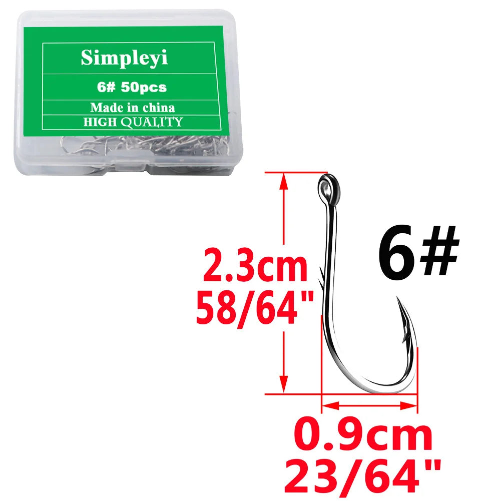 Anzuelos de pesca de acero con alto contenido de carbono, con púas, juego de anzuelos circulares individuales, lombriz marina, carpa, accesorios de pesca con mosca, anzuelo, 50 piezas por caja