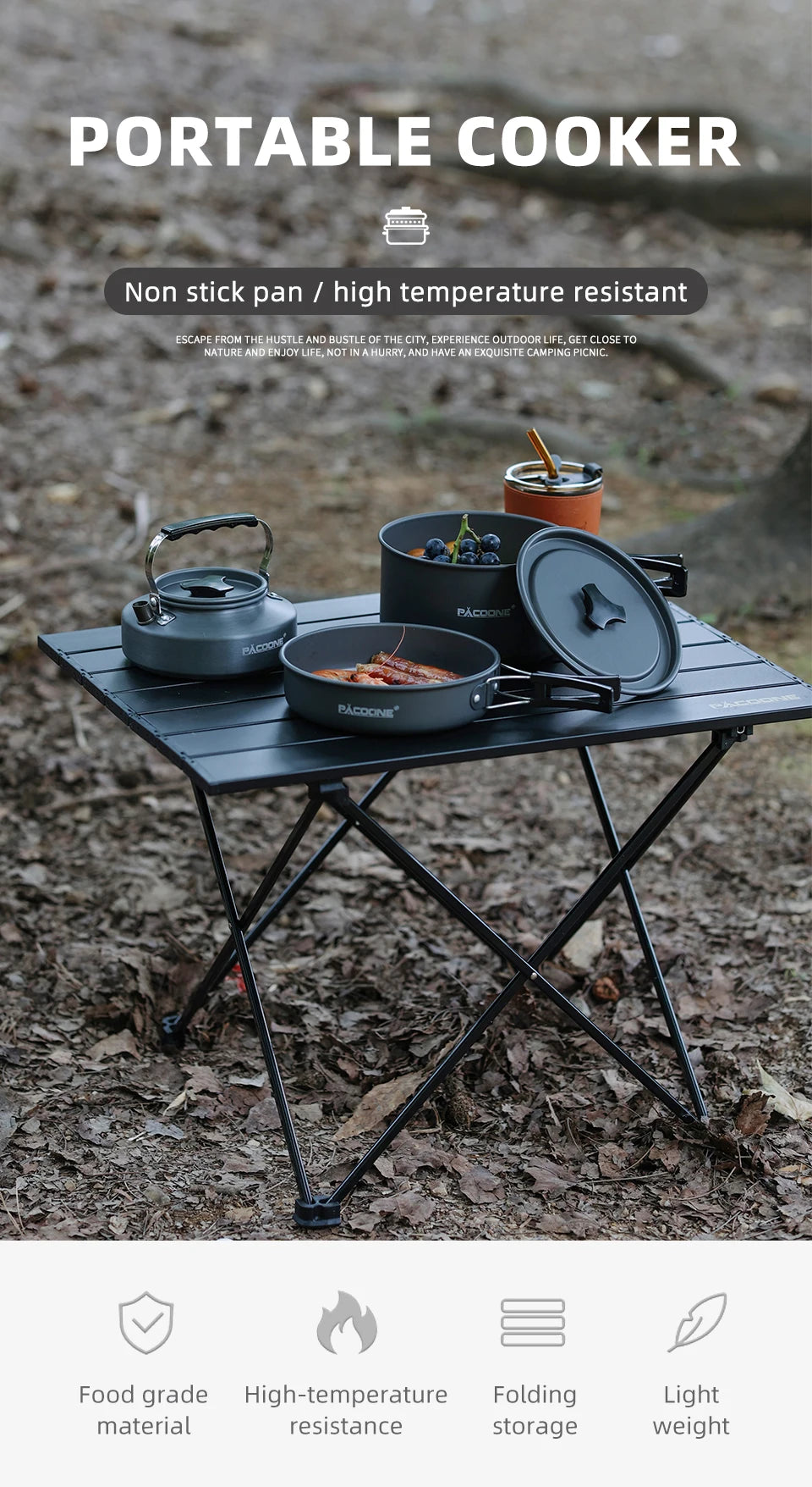 PACOONE – ensemble d'ustensiles de cuisine de Camping, Kit d'ustensiles de cuisine portables, Pot d'extérieur, bouilloire à eau, ensemble de casseroles, vaisselle, équipement de pique-nique de randonnée