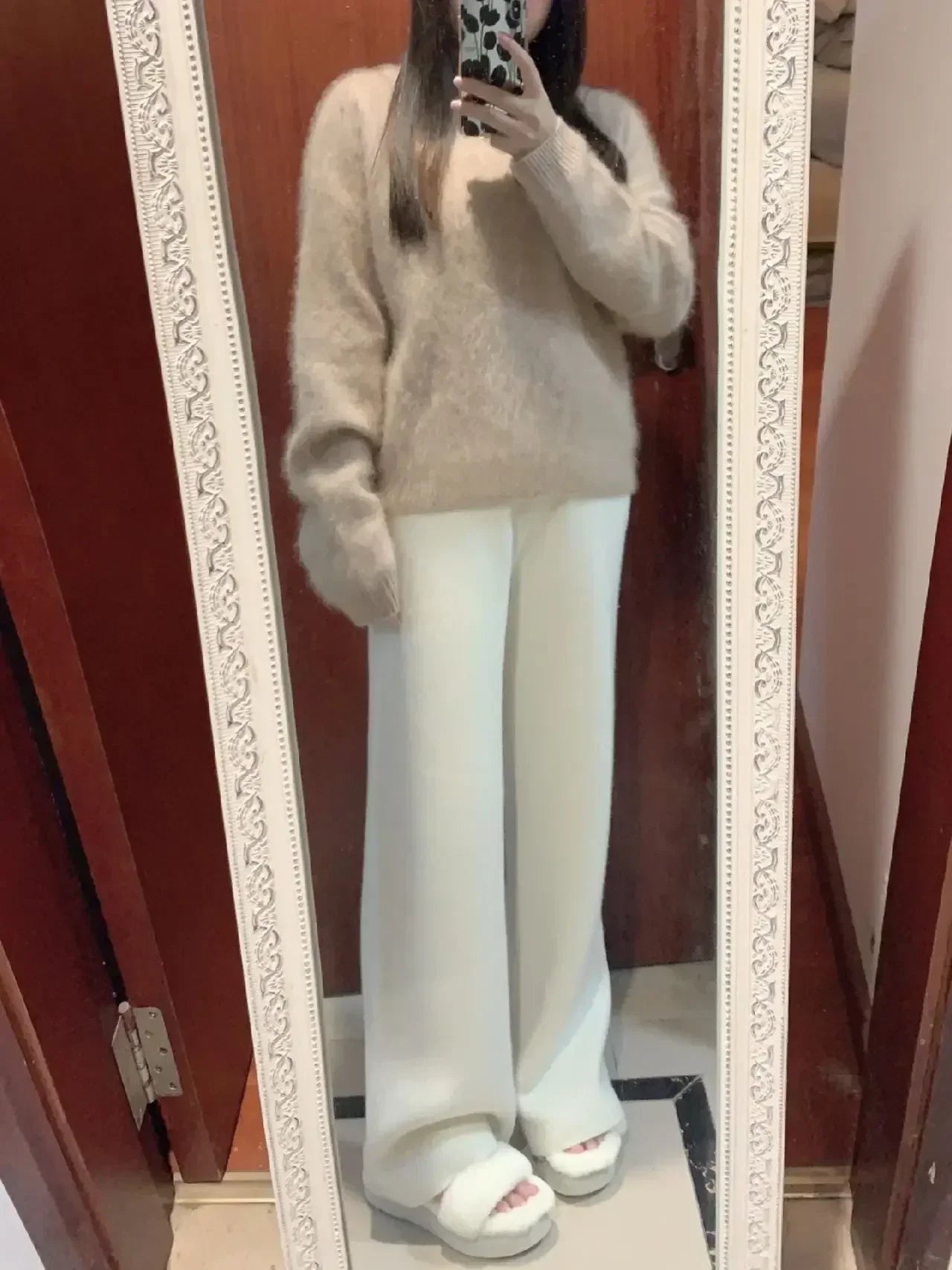 Autumn and Winter Temperament Wool High Waist Loose Wide Leg Pants Women Cloud Casual Soft Waxy Wool Straight Pants