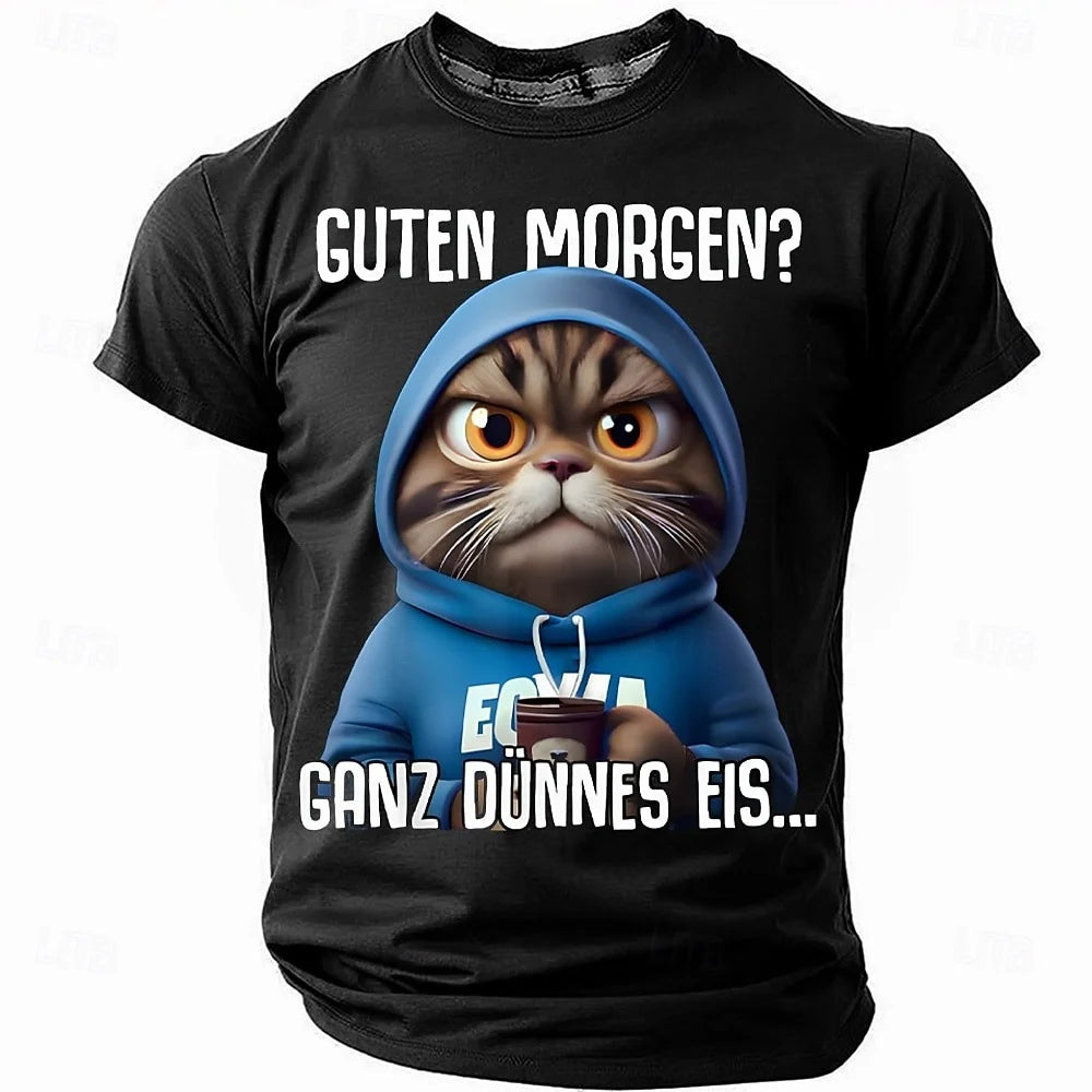 Camiseta divertida para hombre con gato alemán, Guten Morgen Ganz Dünnes Eis, estampado gráfico, manga corta, informal, top humorístico para amantes de los gatos