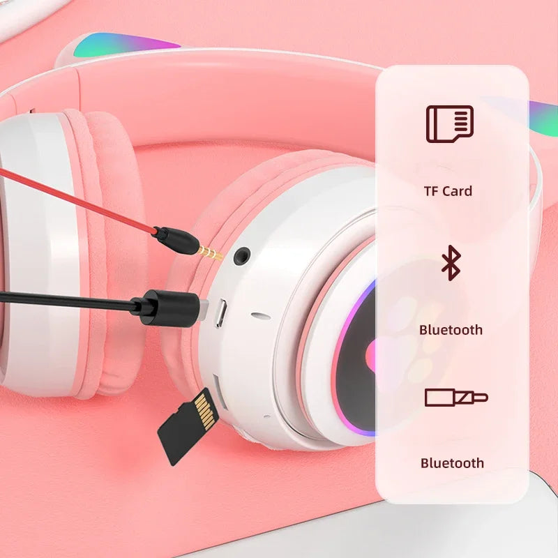 Auriculares estéreo Bluetooth 5.0 con orejas de gato y luz LED, compatibles con tarjeta TF y micrófono, inalámbricos, para niños y niñas, regalo de cumpleaños