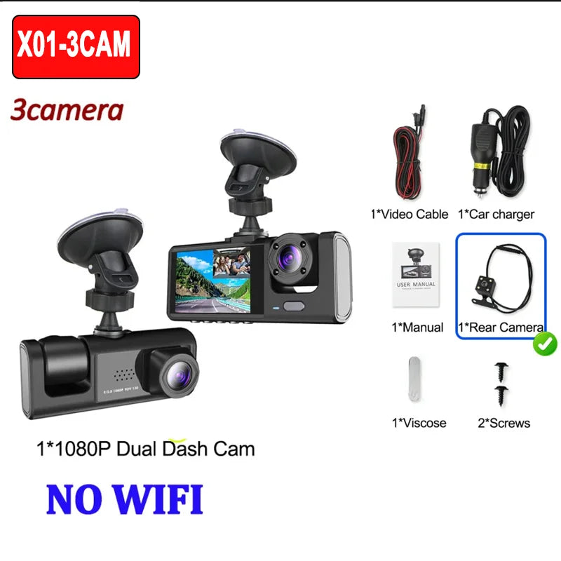 Dashcam 1080P WiFi 2/3 Caméras — Vision Nocturne Avant Arrière Véhicule