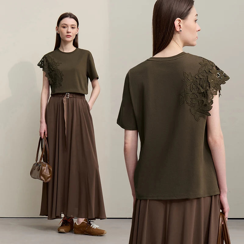 T-shirt femme 2026 été — col rond, coton, anti-transpiration, dentelle asymétrique, ample, manches courtes