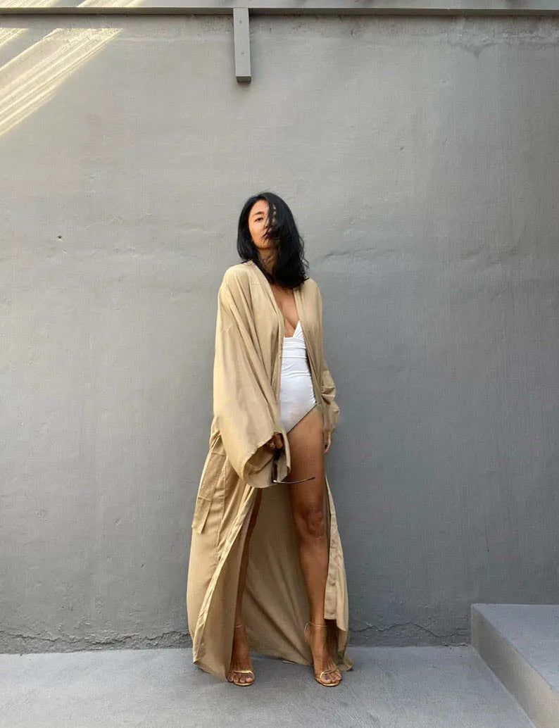 Robe de Plage Longue avec Ceinture pour Femme, Kimono Sexy, Cardigan d'Été, 5 Couleurs Unies