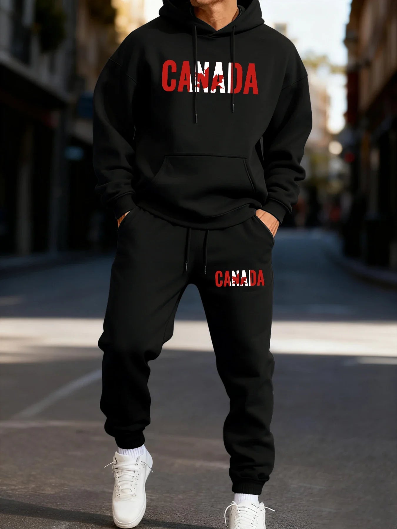 Canada Maple Leaf Print Men's Hoodie Fleece Autumn Two-Piece Sets Casual Winter Pants