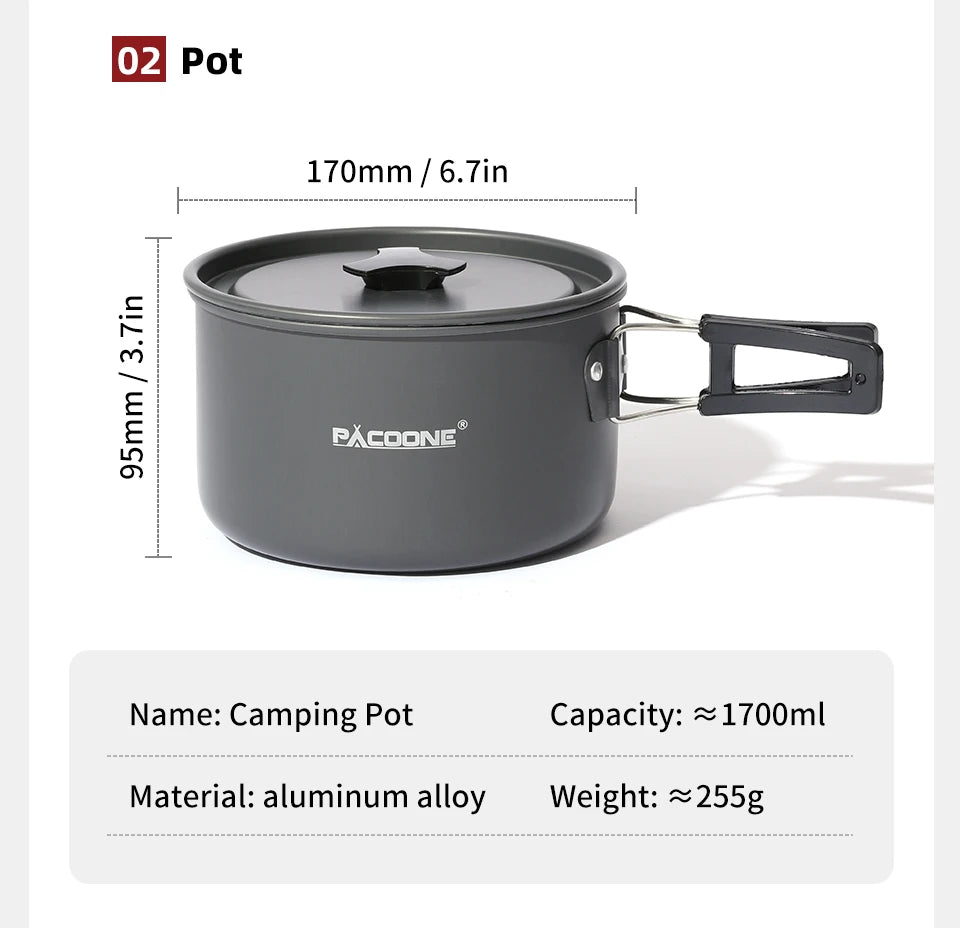 PACOONE – ensemble d'ustensiles de cuisine de Camping, Kit d'ustensiles de cuisine portables, Pot d'extérieur, bouilloire à eau, ensemble de casseroles, vaisselle, équipement de pique-nique de randonnée