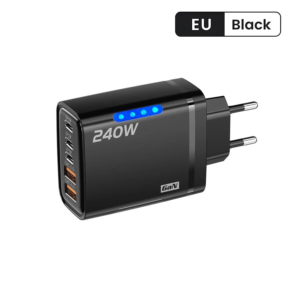240W 5-in-1 GaN Phone Charger, 10A Fast Charging Adapter, USB to Type-C Cable, 3 PD Ports, 2 USB Ports, for iPhone 16 15 Pro, Xiaomi