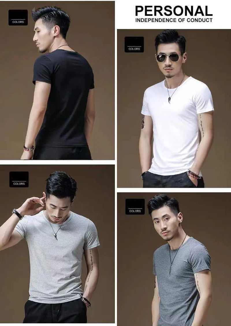 2026 hommes T-Shirt couleur Pure col en V à manches courtes hauts T-Shirts hommes T-Shirt collants noirs homme T-Shirts Fitness pour vêtements masculins